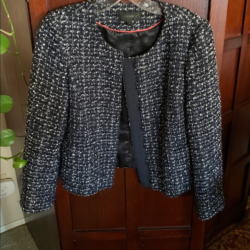 J. Crew Women's Black and Blue Tweed Lady Jacket Sise 4 with Metallic Threading